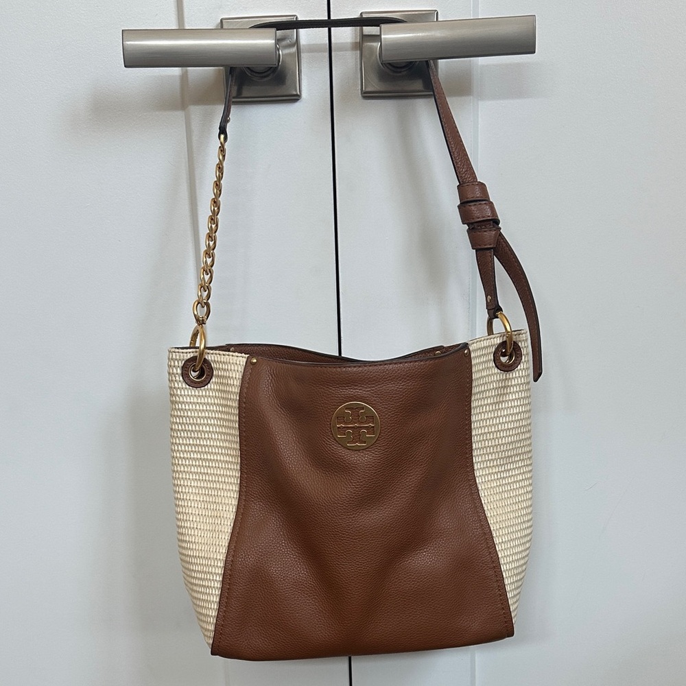 Tory Burch Everly Leather and Straw Hobo Bag